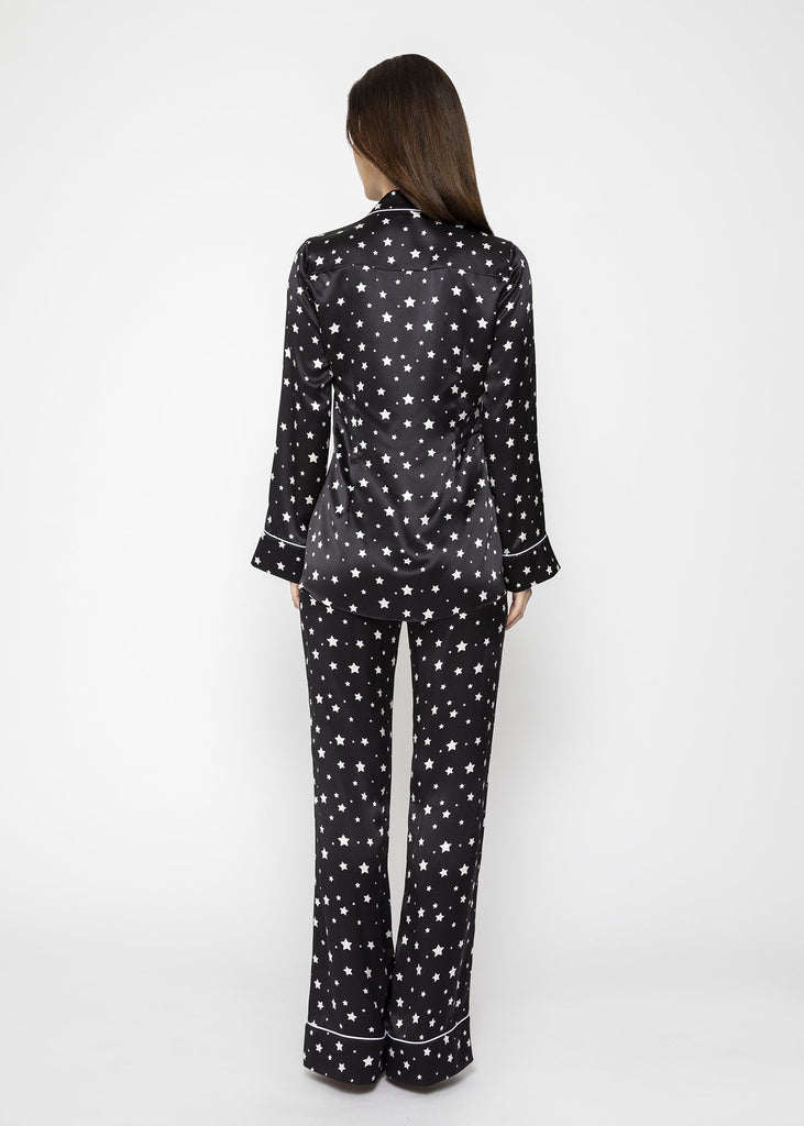 Star print black luxury silk trousers and blouse